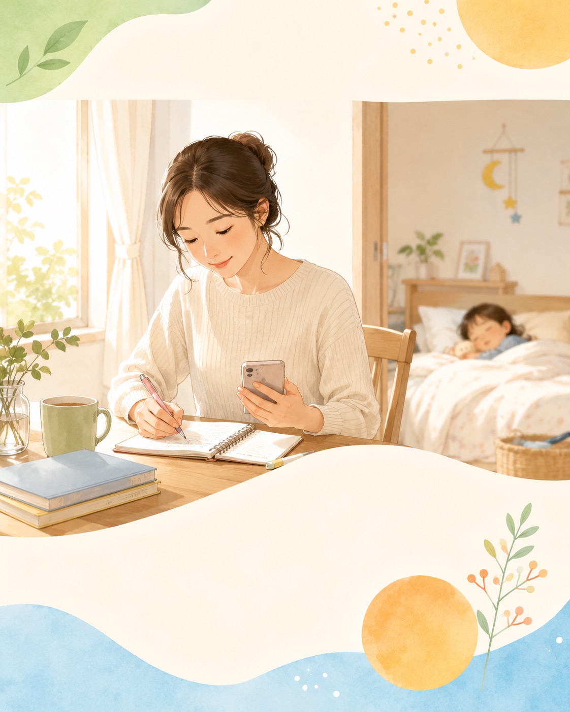 子どもが眠る朝の時間にスマホで保育士試験の勉強をする母親