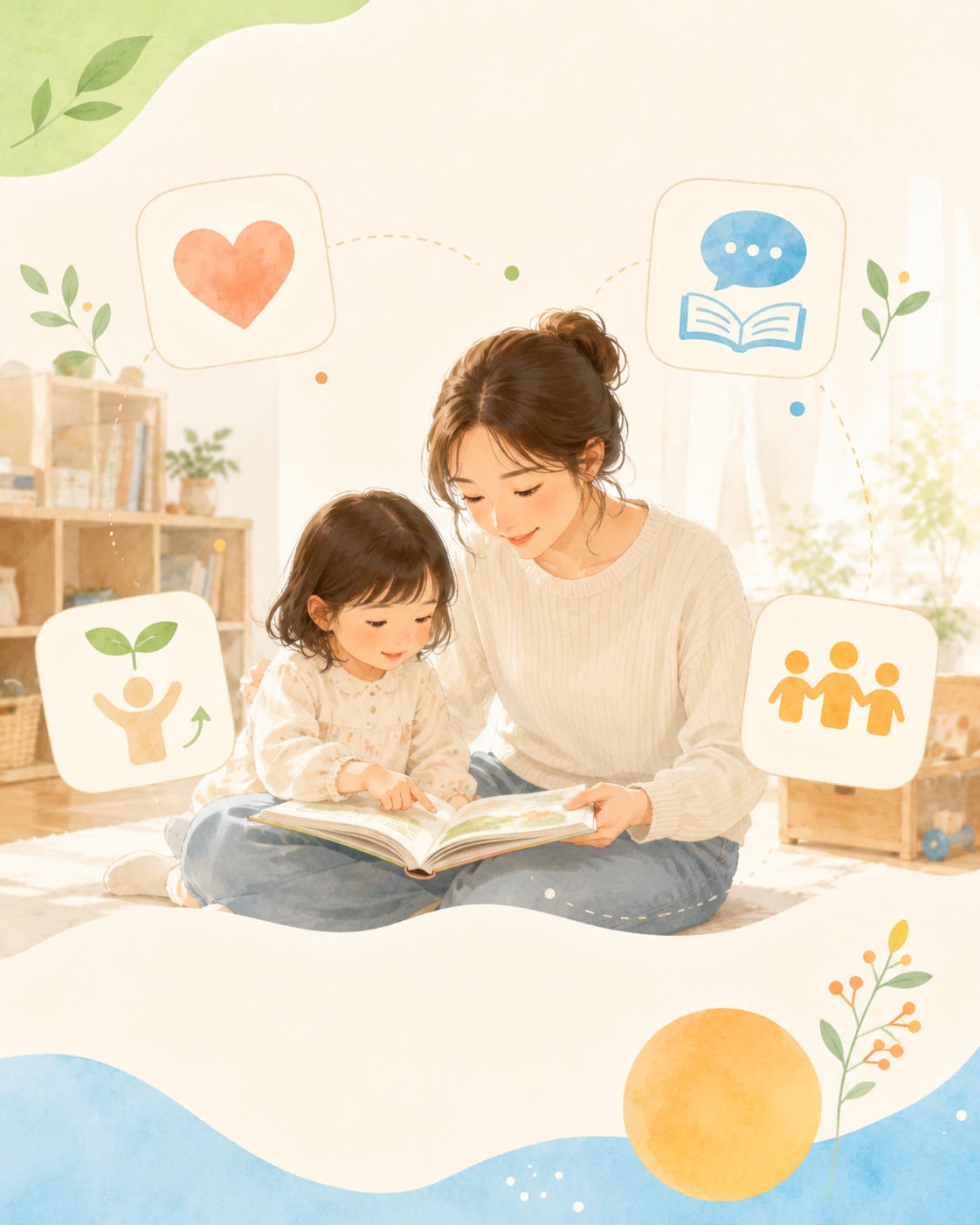 子どもと本を読みながら成長や発達を学ぶ母親